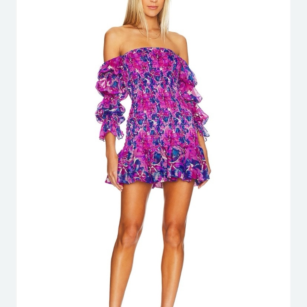 Misa Los Angeles Off-Shoulder Mini Dress in Fuchsia and Blue Floral